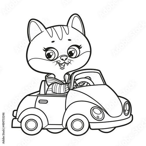 Cute cartoon kitten ride in little car outlined for coloring on a white background
