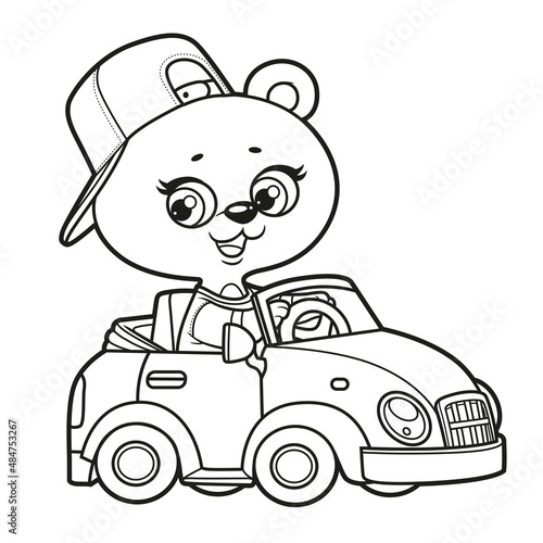 Cute cartoon baby bear ride in little car outlined for coloring on a white background