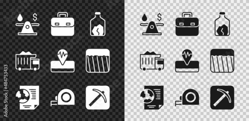 Set Oil money, Briefcase, Ore mining, Earth globe with document, Roulette construction, Pickaxe, Mining dump truck and Earthquake icon. Vector