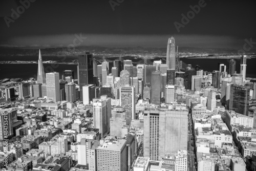 San Francisco  California - August 7  2017  Aerial view of San Francisco city skyline from helicopter on a clear sunny day.
