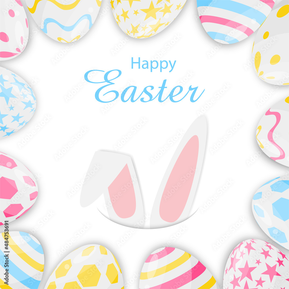 Happy easter greeting card with colorful eggs and rabbit ears Happy easter greeting card with colorful eggs and rabbit ears