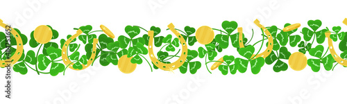 Three leaf clover, golden horseshoe and coins seamless background for Patrick's day