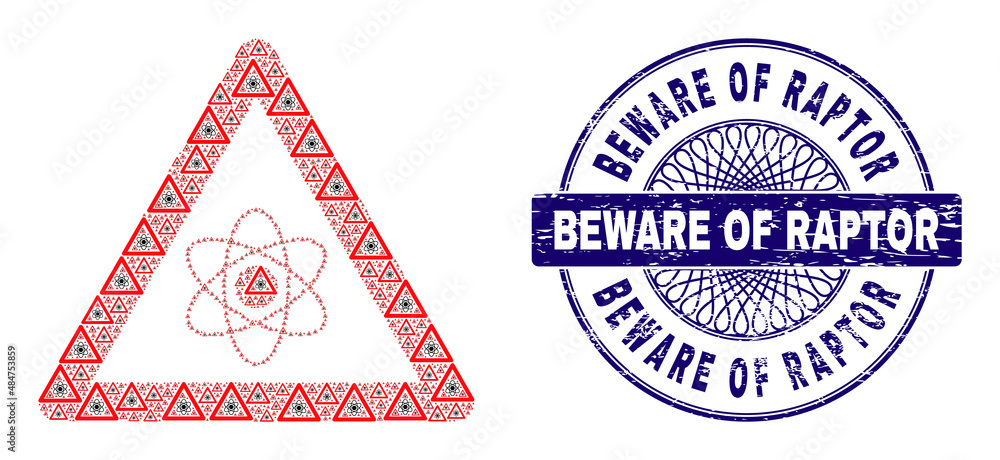 Recursive mosaic atom warning and Beware of Raptor round scratched stamp print. Blue stamp seal includes Beware of Raptor text inside circle and guilloche style.