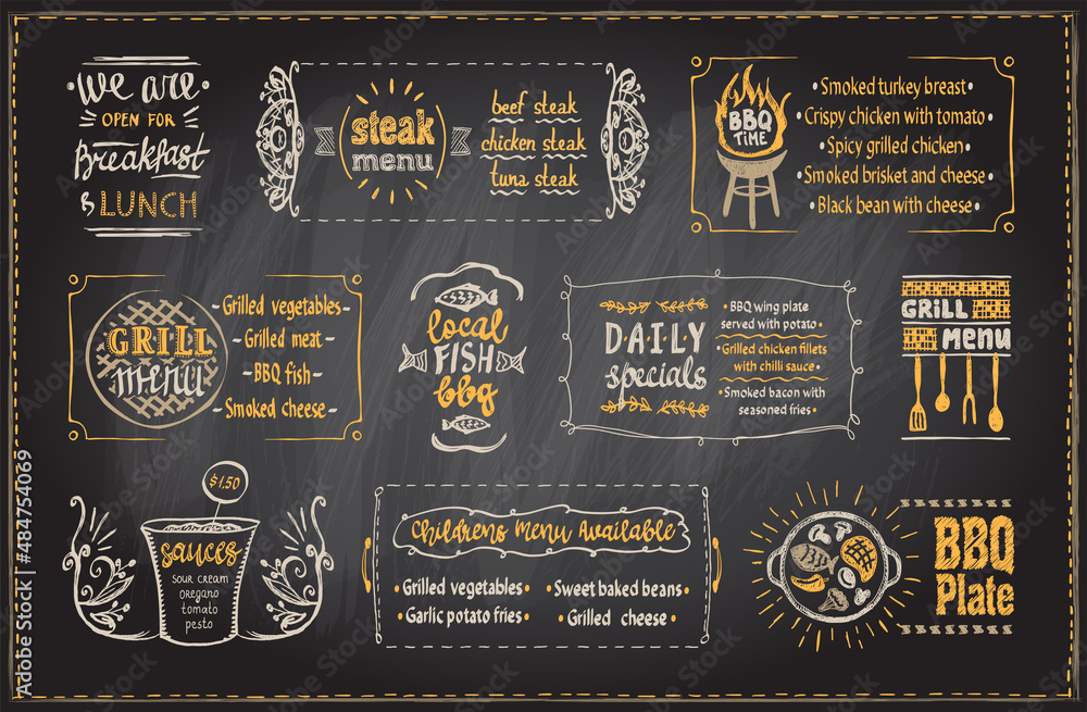 Barbecue menu chalkboard template, menu board with BBQ symbols and dishes lettering - obrazy, fototapety, plakaty 