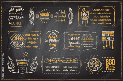 Barbecue menu chalkboard template, menu board with BBQ symbols and dishes lettering