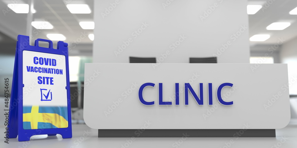 Obraz premium Coronavirus vaccination site signboard with flag of Sweden. 3D rendering