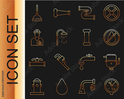 Set line Water meter, Electric boiler for heating water, drop forbidden, Industry metallic pipe, Shower, Plumber, Rubber plunger and icon. Vector