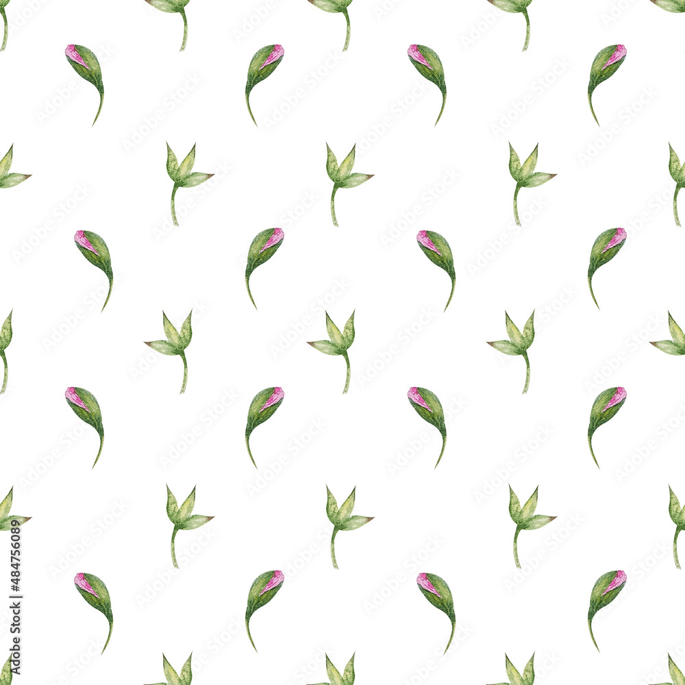watercolor seamless patern with simple leaves and buds