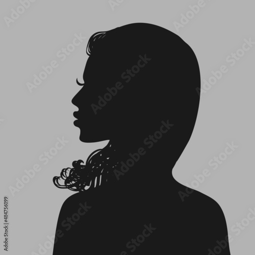 Profile of a young woman with long hair. Default avatar profile icon.Black placeholder photo. Vector illustration