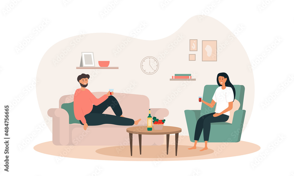 Communication at home. Man and girl sitting in apartment in comfort. Evening romantic dinner, family communication. Couple with wine and tasty food in house. Cartoon flat vector illustration