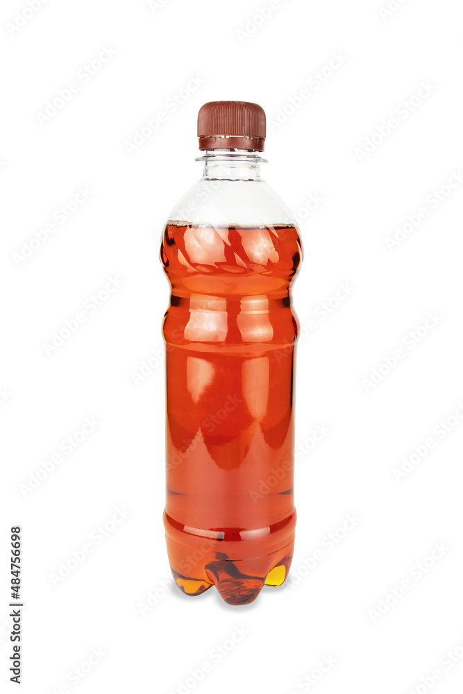 Plastic bottle of dark cherry colored liquid, lidded, isolated on white background Plastic bottle of dark cherry colored liquid, lidded, isolated on white background