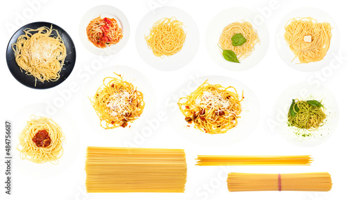 set of various cooked and dry spaghetti isolated photo