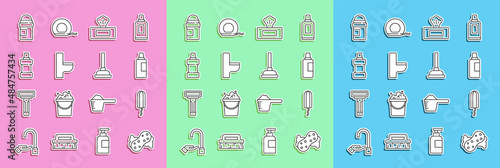 Set line Sponge, Sanitary tampon, Bottle for cleaning agent, Wet wipe pack, Toilet bowl, Antiperspirant deodorant roll and Rubber plunger icon. Vector