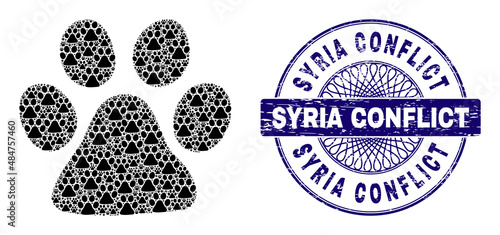 Recursive mosaic paw print and Syria Conflict round scratched stamp print. Violet stamp seal includes Syria Conflict title inside circle and guilloche ornament.