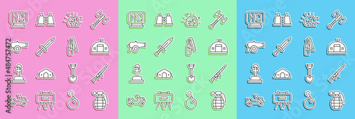 Set line Hand grenade, Sniper rifle with scope, Military barracks, Bomb explosion, Sword, Cannon, headquarters and Cocktail molotov icon. Vector