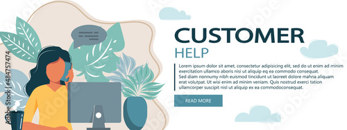 Customer service, hotline operators consult customers with headsets on computers, 247 global online technical support, Call center, call processing system, Vector illustration	
