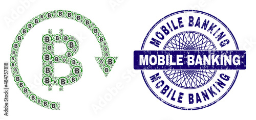 Recursion collage bitcoin repay and Mobile Banking round corroded seal. Violet seal includes Mobile Banking title inside circle and guilloche structure.