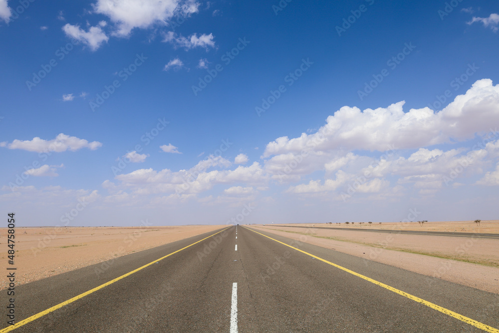 Fototapeta premium Desert Highway empty Asphalt road , travel concept picture - Blue sky