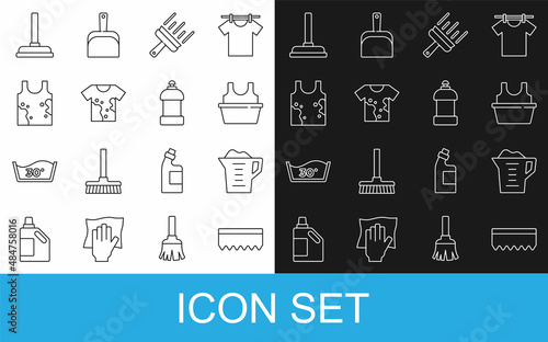 Set line Sponge, Washing powder, Basin with shirt, Rubber cleaner for windows, Dirty t-shirt, plunger and Bottle cleaning agent icon. Vector