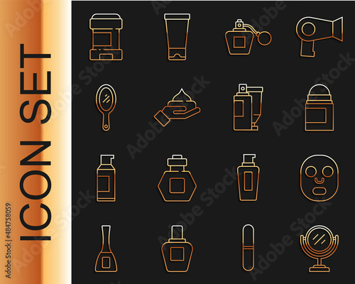 Set line Round makeup mirror, Facial cosmetic mask, Antiperspirant deodorant roll, Perfume, Cream lotion tube, Hand, and icon. Vector