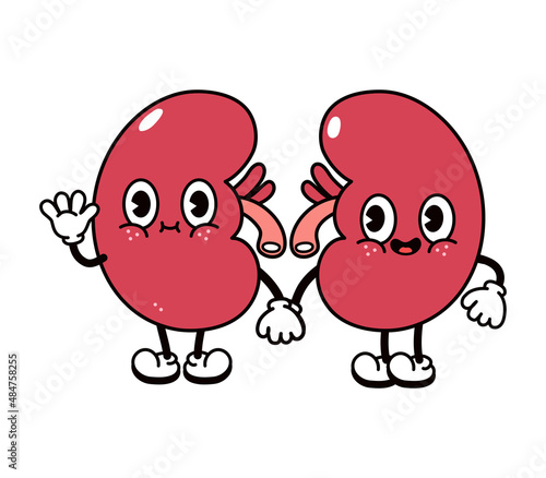 Cute funny kidneys waving hand character. Vector hand drawn traditional cartoon vintage, retro, kawaii character illustration icon. Isolated on white background. Kidneys character concept