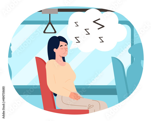 Sleeping in bus. Woman sits with her eyes closed. Tired on trip, tourist recuperates on way. Emotional burnout. Vacation and adventure, long trip and travel. Cartoon flat vector illustration