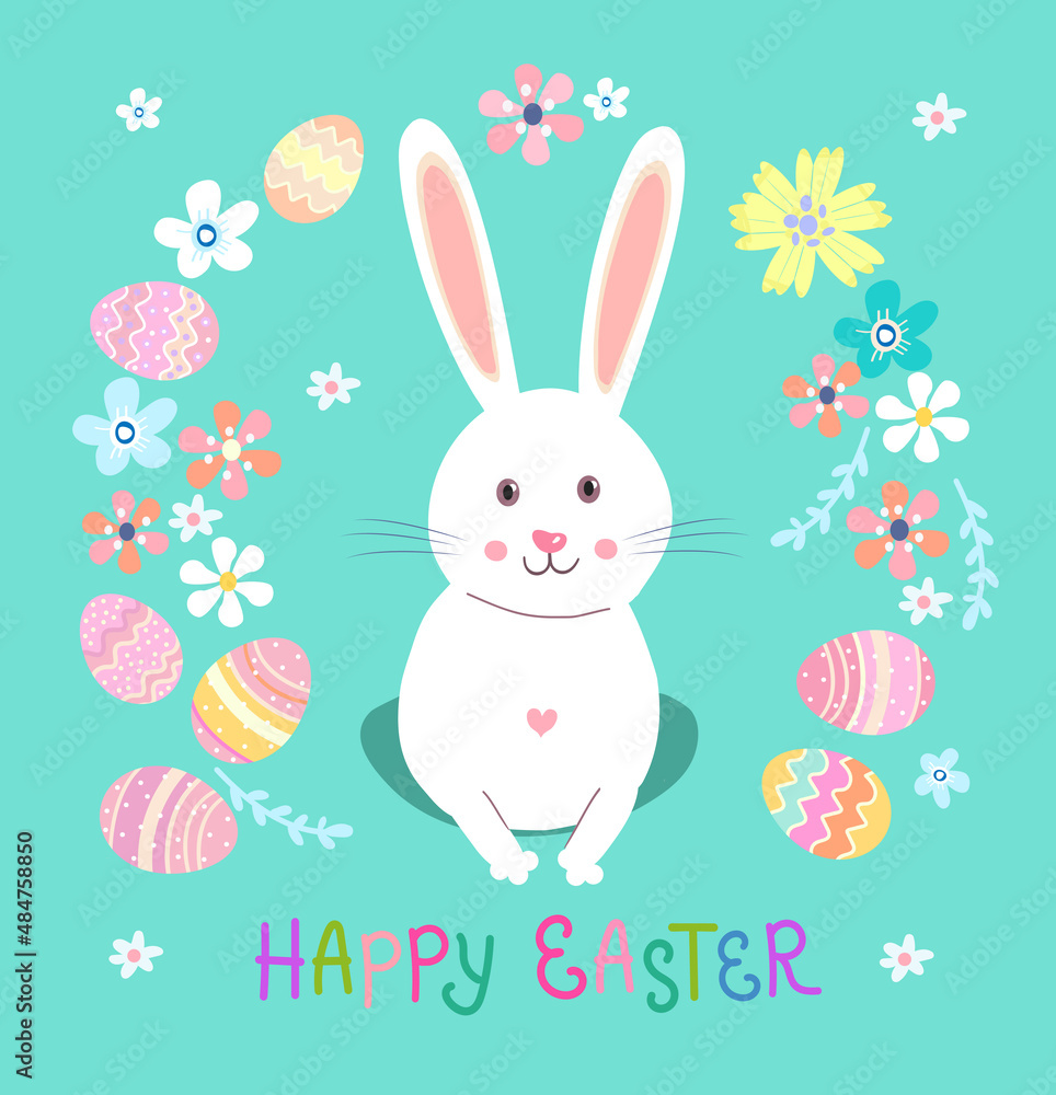 Easter rabbit, easter BunnyHappy easter greeting card with rabbit,egg,flowers, isolated on blue background.Vector illustration.