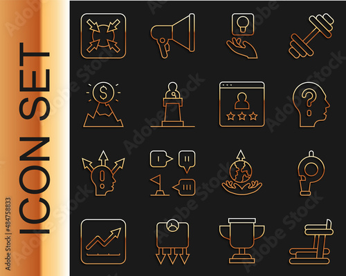 Set line Treadmill machine, Whistle, Head with question mark, Light bulb, Speaker, Mountains flag, Target and Customer product rating icon. Vector photo