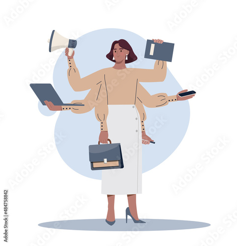 Concept of multitasking. Girl with lot of hands, processing and emotional burnout. Responsible employee or boss. Businesswoman doing several things at same time. Cartoon flat vector illustration