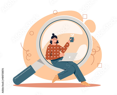 Woman with magnifying glass. Girl sitting on large loupe. Analytical department and marketing research. SEO specialist, Internet search and distance learning. Cartoon flat vector illustration