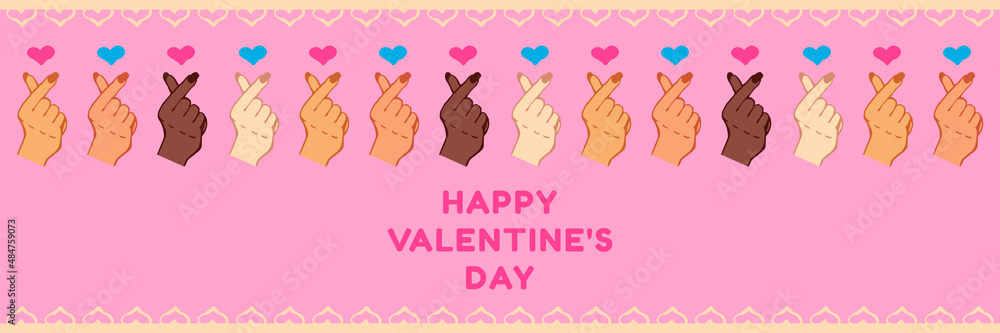 Happy Valentine's day festive banner. Modern design Valentine's Day. People of different nationalities make a heart sign with hand. Template vector illustration. Valentine's day greeting card