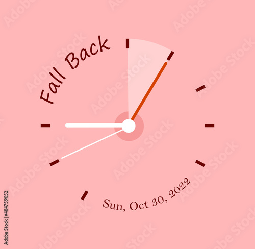 Daylight Saving Time ends abstract concept. Setting time back one hour. Winter time. Large pink clock with inscriptions, hands and date. October 30. Cartoon contemporary flat vector illustration