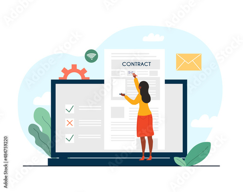 Electronic contract concept. Girl standing on laptop, checking documents. Hardworking employee. Technology and development. Internet security, convenience and safety. Cartoon flat vector illustration