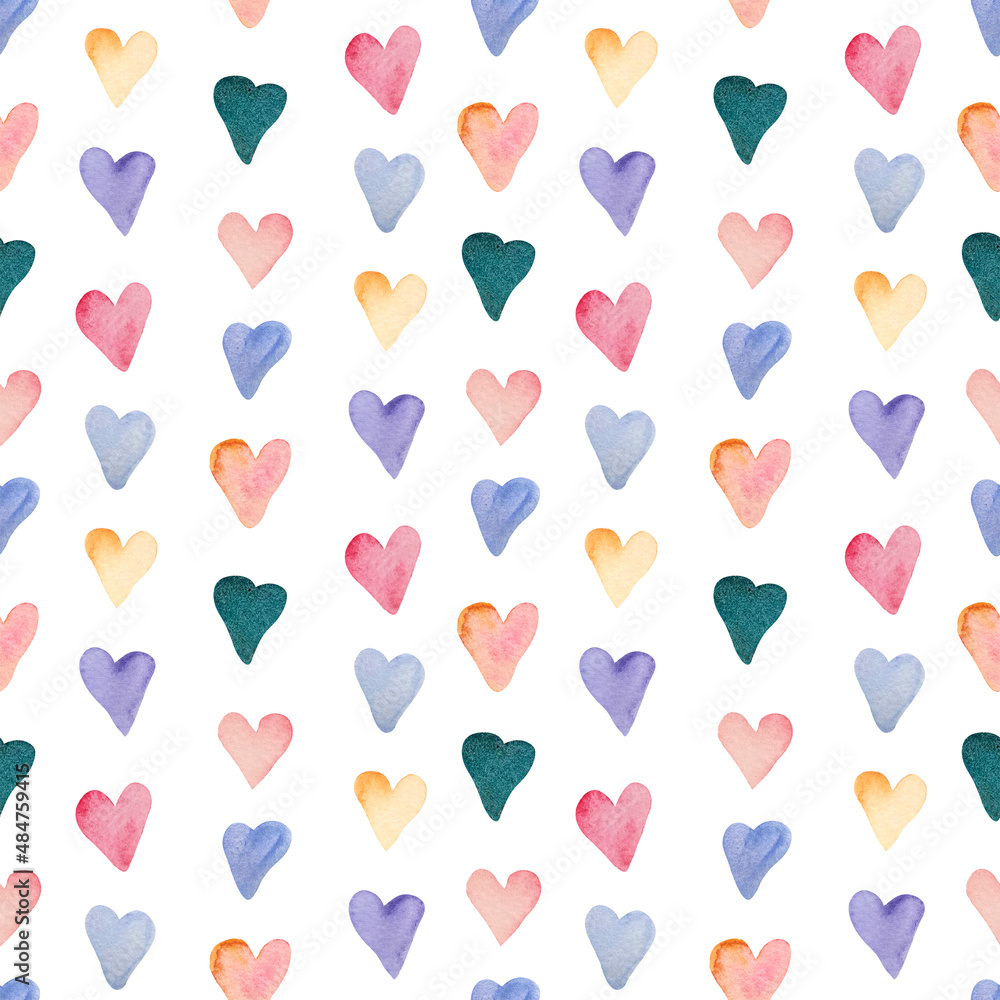 watercolor seamless pattern with color hearts