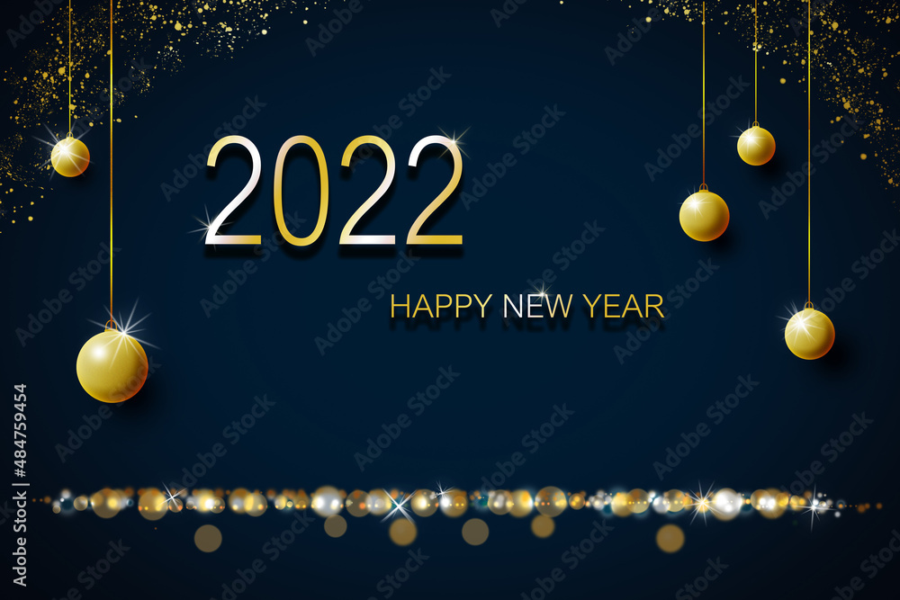 Luxury 2022 Happy New Year greeting card - golden shine 2022 lettering on dark blue background