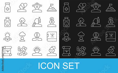 Set line Concussion, headache, Psychology book, Human with question mark, Hypnosis, Tear cry eye, Antidepressants, Sedative pills and Alcoholism icon. Vector