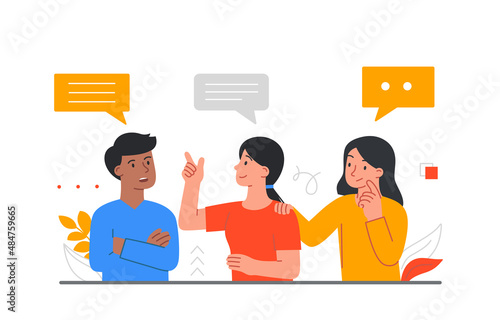 Coworkers communication concept. Employees discussing new identity, finding best way to solve problems. Brainstorming, meeting and talking. Man and girls at table. Cartoon flat vector illustration