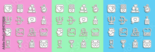 Set line Calendar with heart, Heart, Bottle love potion, Lover couple, Bow and arrow, Candlestick, Broken or divorce and in speech bubble icon. Vector