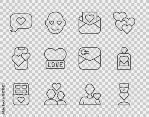 Set line Chocolate bar, Glass of champagne, Envelope with Valentine heart, Lover couple, Heart speech bubble, Romantic man and Perfume icon. Vector