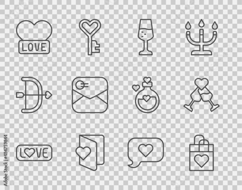Set line Love text, Shopping bag with heart, Glass of champagne, Valentines day flyer, Heart, Envelope, speech bubble and icon. Vector