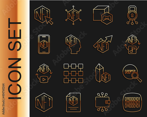 Set line Binary code, Search NFT, Digital crypto art, Mobile with store app, and growth bar chart icon. Vector