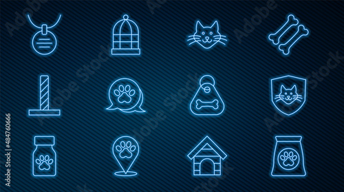 Set line Bag of food for pet, Animal health insurance, Cat, Paw print, scratching post with toy, Collar name tag, Dog collar bone and Cage birds icon. Vector