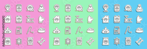Set line Dog bone, Pet food bowl for cat or dog, Cat, Paw print, Calendar grooming, house, Location veterinary hospital and scratching post with toy icon. Vector