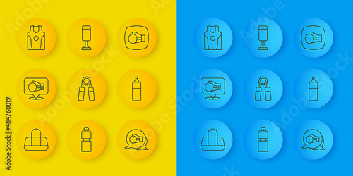Set line Sport bag, Boxing glove, expander, Punching, jersey t-shirt, and icon. Vector