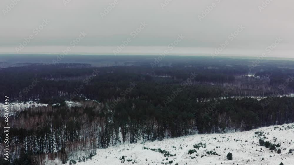 Aerial view of the snowy pine forest in the winter. Top view to the forest. Beautiful forest in the winter. Drone flies over forest. Dramatic look of a winter forest. Aerial view of the snowy pine forest in the winter. Top view to the forest. Beautiful forest in the winter. Drone flies over forest. Dramatic look of a winter forest.