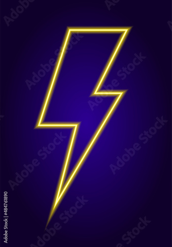 neon yellow lightning. insulated lightning bolts glowing in the dark with bright yellow outline on dark blue for isolated icon design template