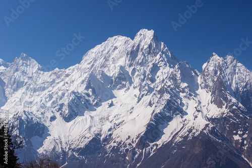 Snowy mountain peaks in the Himalayas Manaslu region