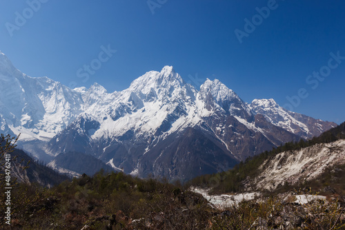 View of snow-capped mountain peaks in the Himalayas Manaslu region © lindely