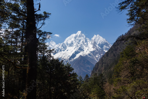 View of snow-capped mountain peaks in the Himalayas Manaslu region