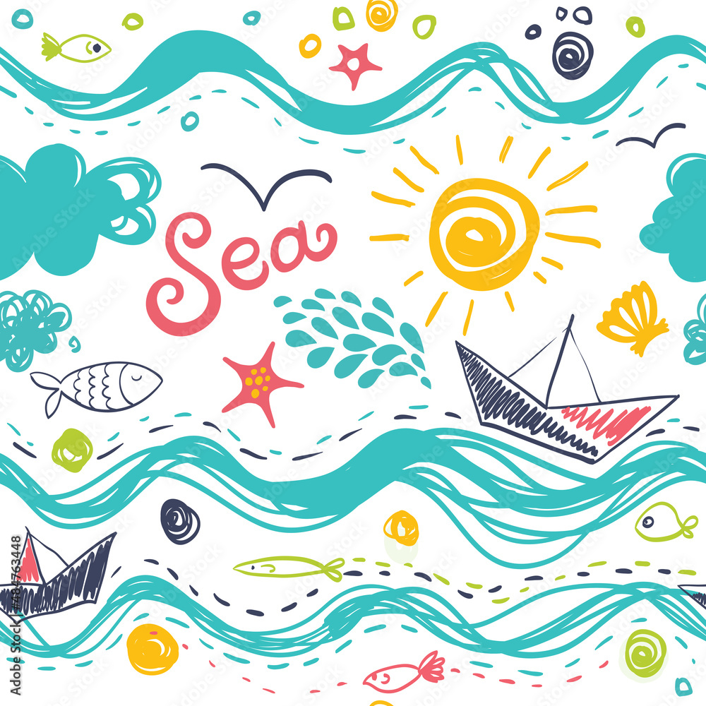 I love the sea. Seamless pattern in the concept of children's drawings. Seamless pattern with ships, fish, sun, clouds, sea and waves.